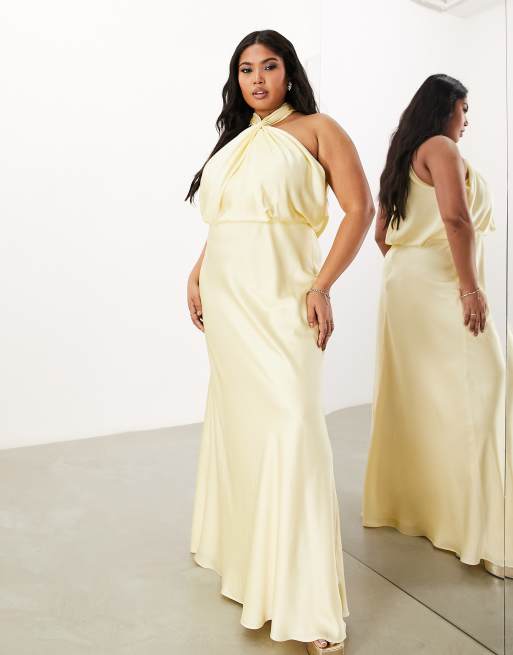 ASOS DESIGN Bridesmaid Curve satin ruched halter neck maxi dress in lemon