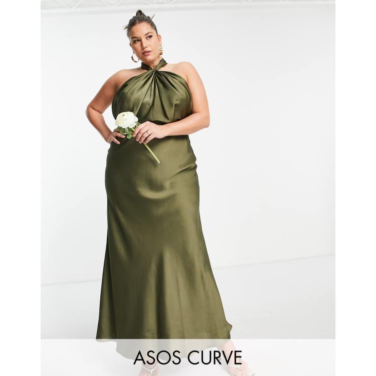 ASOS DESIGN Bridesmaid Curve satin ruched halter neck maxi dress in olive  green