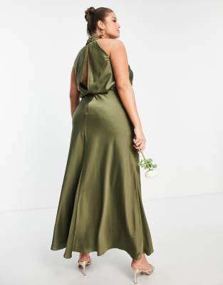 ASOS DESIGN Bridesmaid Curve satin ruched halter neck maxi dress in olive  green | ASOS