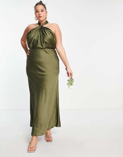 ASOS DESIGN Bridesmaid Curve satin ruched halter neck maxi dress in olive green