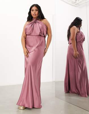 ASOS DESIGN Bridesmaid Curve satin ruched halter neck maxi dress in orchid-Purple