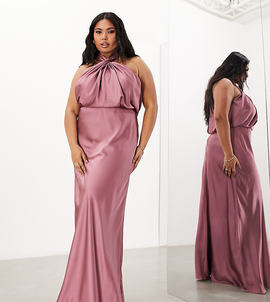 ASOS EDITION Curve satin ruched halter neck maxi dress in orchid-Purple