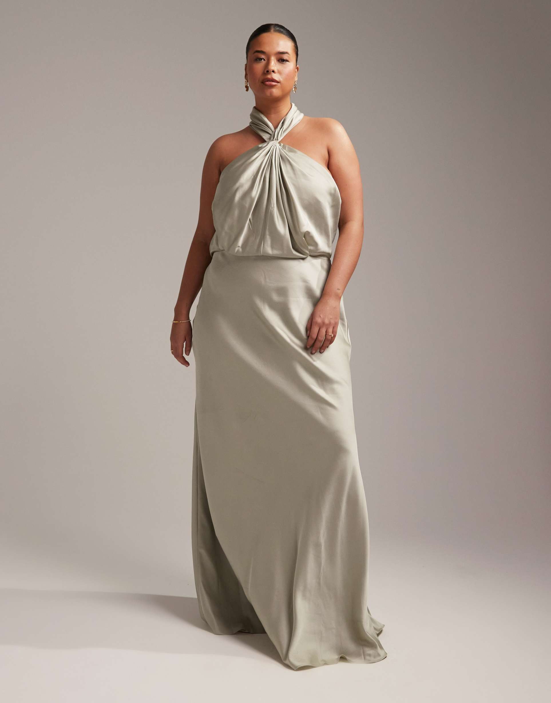 asos design bridesmaid curve satin ruched halter neck maxi dress in sage green