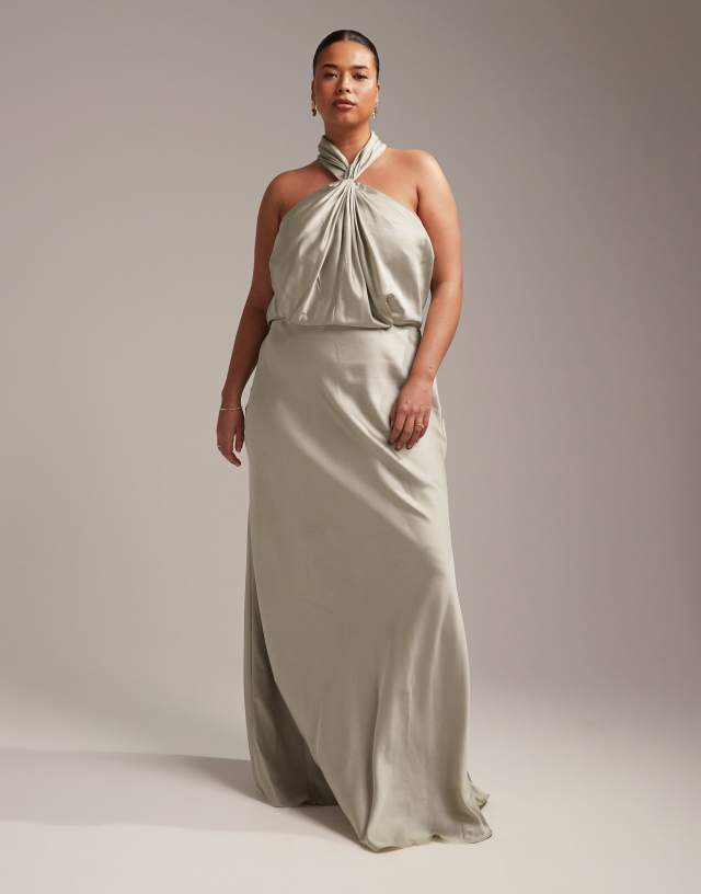 ASOS Curve - ASOS DESIGN Bridesmaid Curve satin ruched halter neck maxi dress in sage green