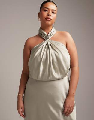 ASOS DESIGN Bridesmaid Curve satin ruched halter neck maxi dress in sage  green | ASOS