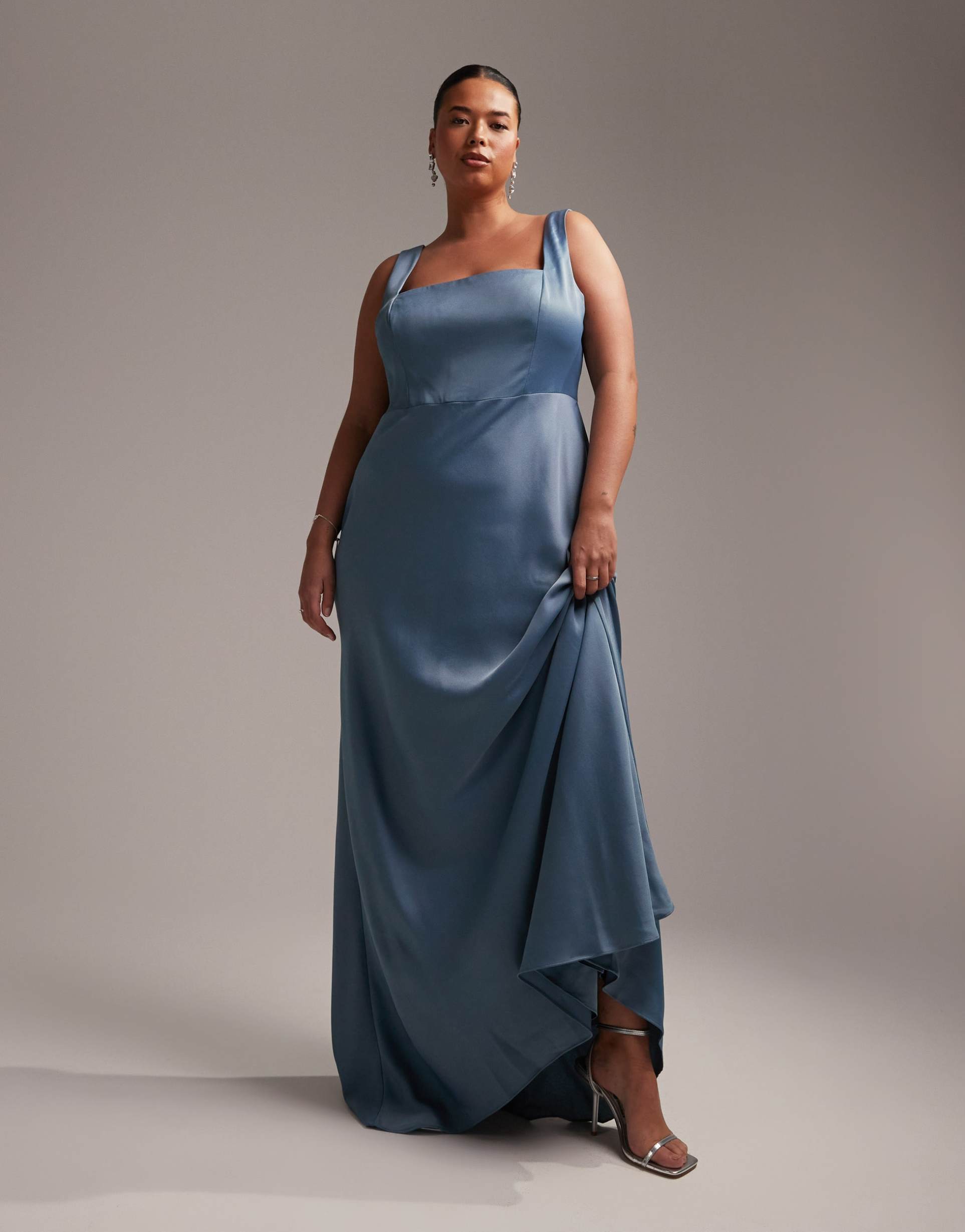 asos design bridesmaid curve satin square neck maxi dress in dusky blue