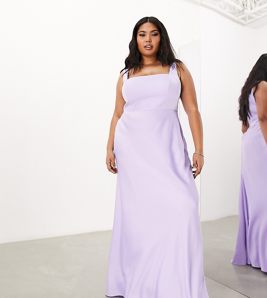 ASOS DESIGN Bridesmaid Curve satin square neck maxi dress in lilac-Purple