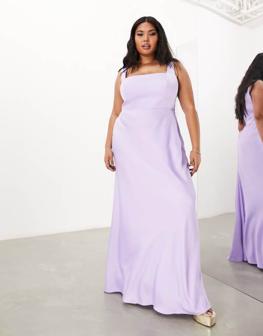 ASOS DESIGN Bridesmaid Curve satin square neck maxi dress in lilac