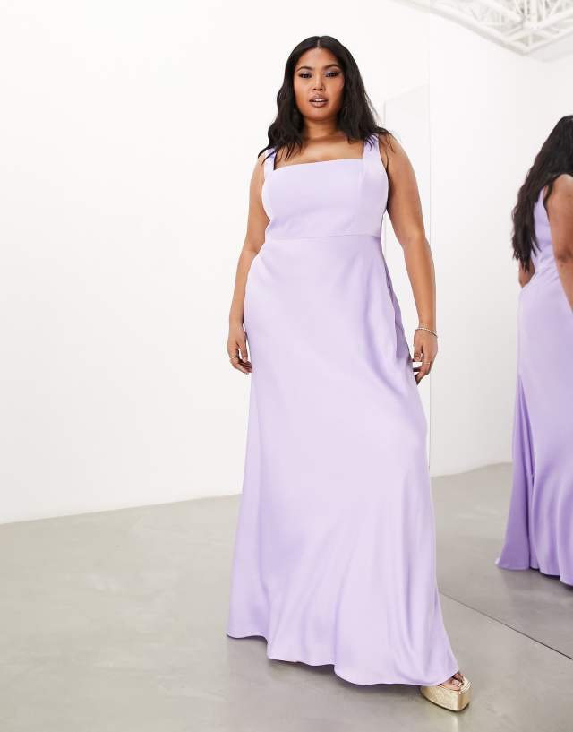 ASOS Curve - ASOS DESIGN Bridesmaid Curve satin square neck maxi dress in lilac