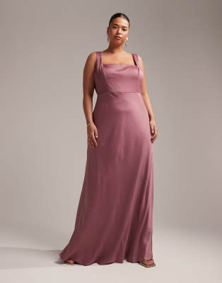 ASOS Curve ASOS DESIGN Bridesmaid Curve satin square neck maxi dress in orchid-Purple