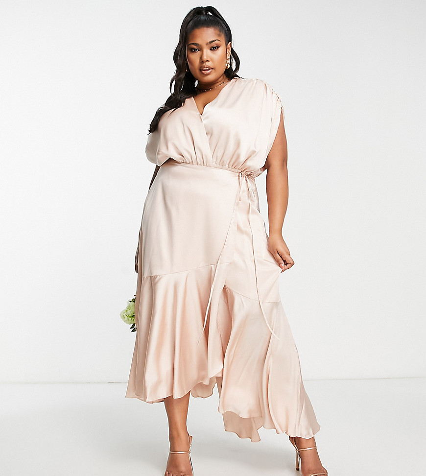 ASOS DESIGN Bridesmaid Curve satin wrap midi dress with ruched detail in blush-Pink