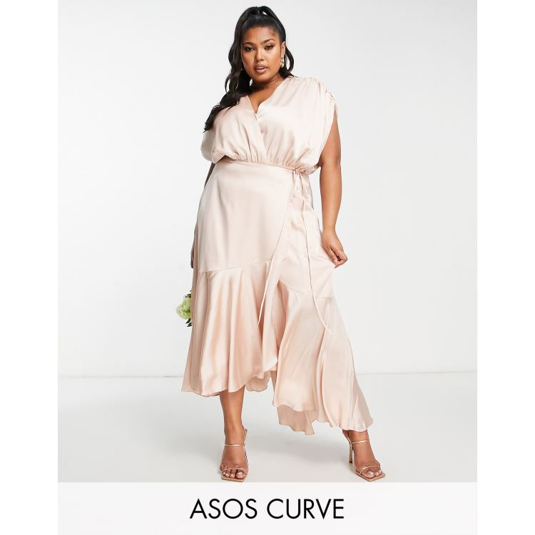 ASOS DESIGN Bridesmaid Curve satin wrap midi dress with ruched