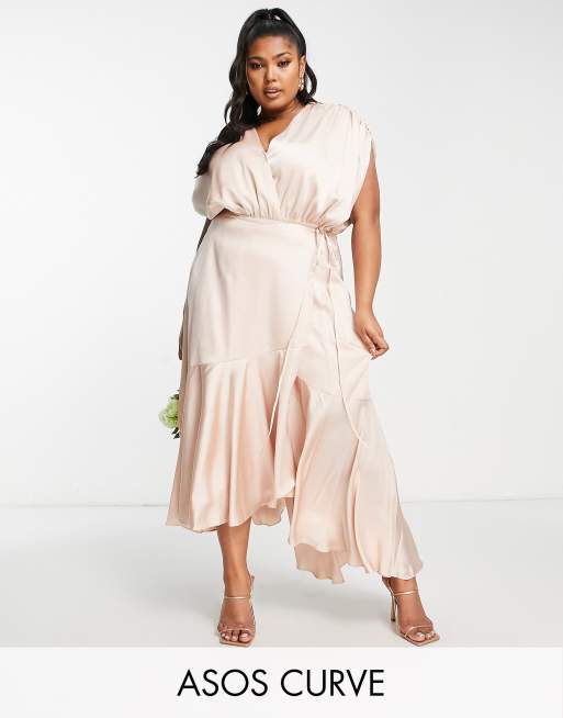 ASOS DESIGN Bridesmaid Curve satin wrap midi dress with ruched detail ...