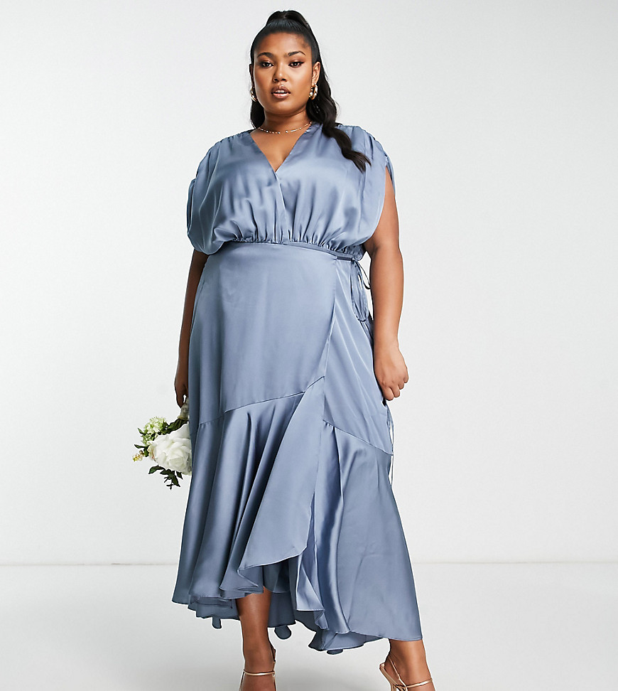 ASOS DESIGN Bridesmaid Curve satin wrap midi dress with ruched detail in dusky blue