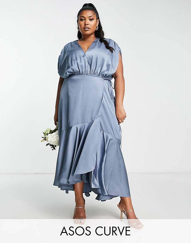 ASOS Curve - ASOS DESIGN Bridesmaid Curve satin wrap midi dress with ruched detail in dusky blue