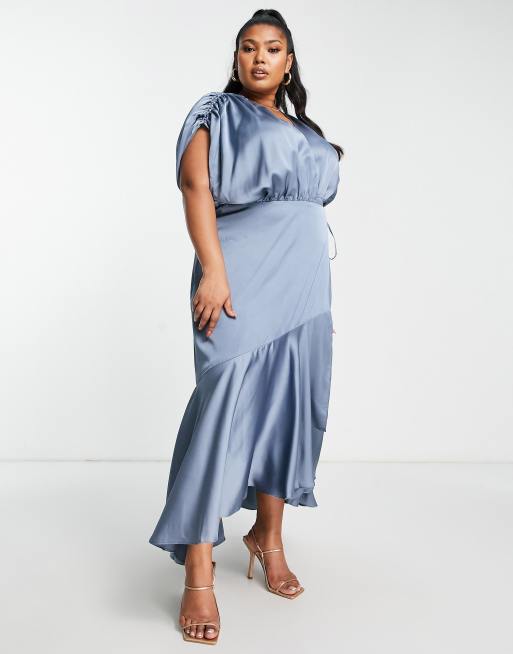 ASOS DESIGN Bridesmaid Curve satin wrap midi dress with ruched detail in dusky blue