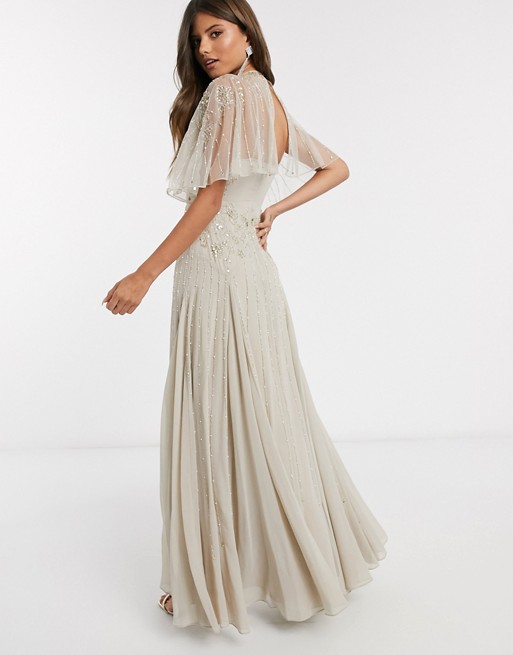 ASOS DESIGN drape back maxi dress with delicate floral embellishment in taupe