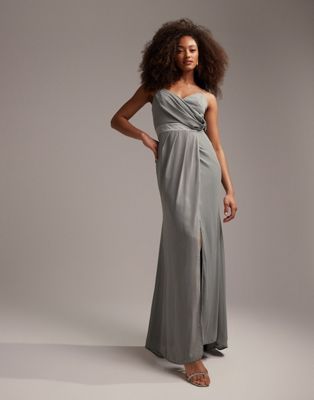ASOS DESIGN Bridesmaid drape cami maxi dress with satin waist detail in olive