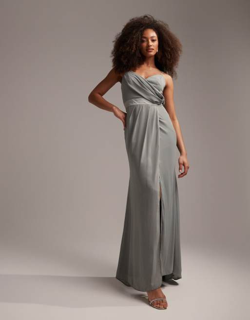 ASOS DESIGN Bridesmaid drape cami maxi dress with satin waist detail in  olive