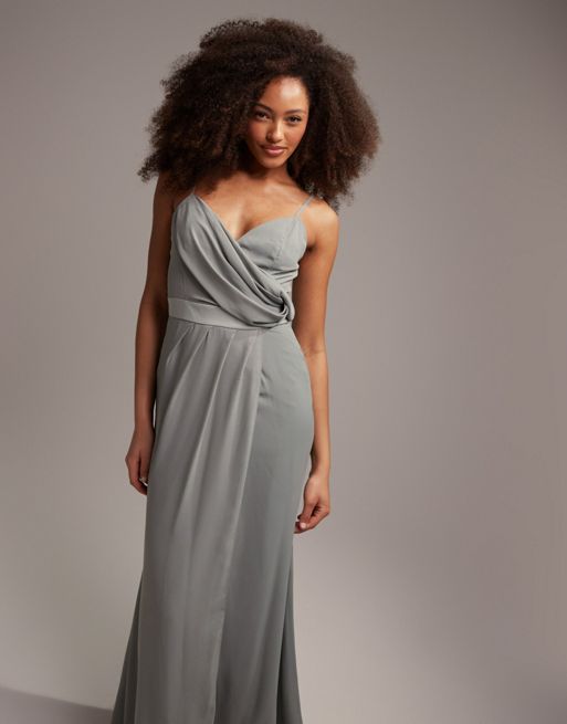 ASOS DESIGN Bridesmaid drape cami maxi dress with wrap waist in olive