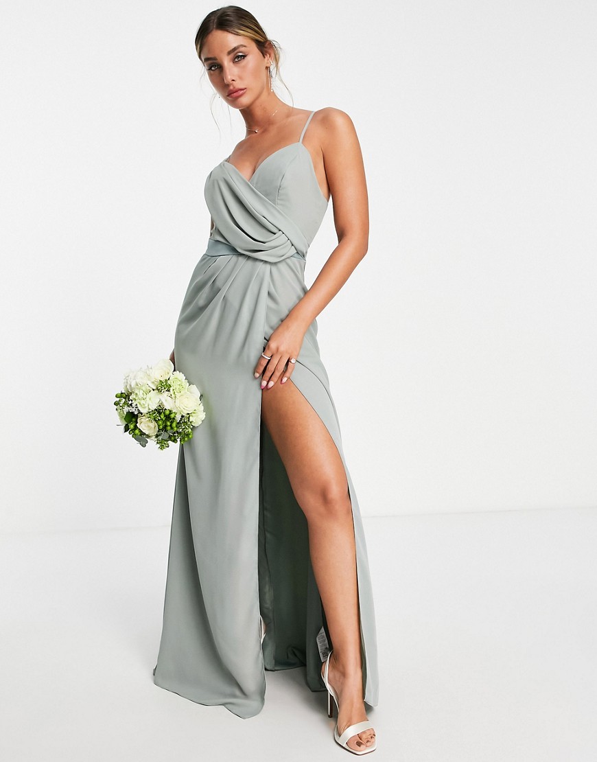 ASOS DESIGN Bridesmaid drape cami maxi dress with wrap waist in olive-Green
