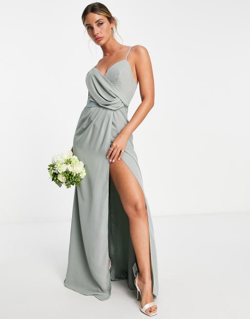 ASOS DESIGN Bridesmaid drape cami maxi dress with wrap waist in olive