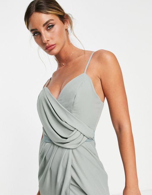 ASOS DESIGN Bridesmaid drape cami maxi dress with wrap waist in olive