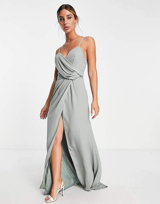 Asos Women Clothing Dresses Maxi Dresses Bridesmaid drape cami maxi dress with wrap waist in olive 