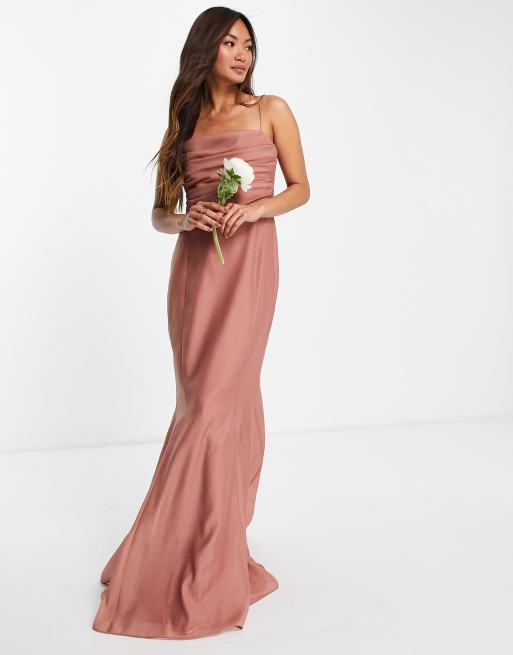 ASOS DESIGN Bridesmaid satin drape maxi dress with bow back in blush pink