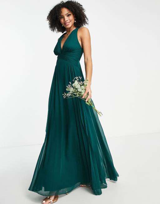 ASOS DESIGN – Bridesmaid – Drapowana sukienka maxi w kolorze leśnej zieleni z marszczoną górą i kopertową talią 