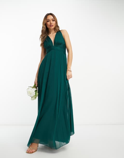 ASOS DESIGN – Bridesmaid – Drapowana sukienka maxi w kolorze leśnej zieleni z marszczoną górą i kopertową talią
