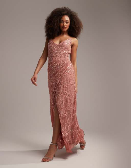 ASOS DESIGN Bridesmaid – Drapowana z boku zdobiona sukienka maxi na ramiączkach w zgaszonym różanym kolorze