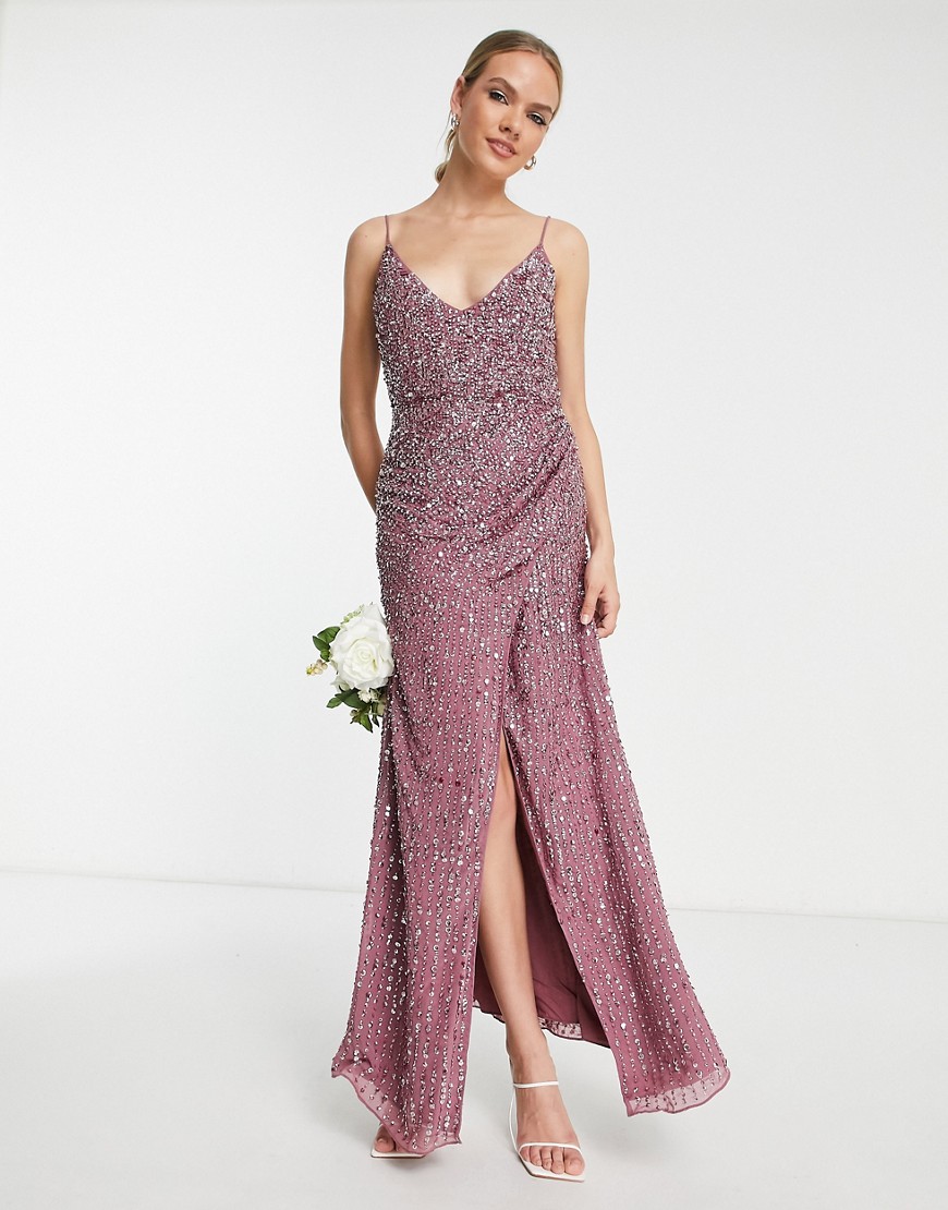 ASOS DESIGN Bridesmaid embellished drape side cami maxi dress in orchid-Purple