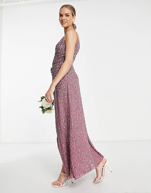 ASOS DESIGN Bridesmaid embellished drape side cami maxi dress in orchid