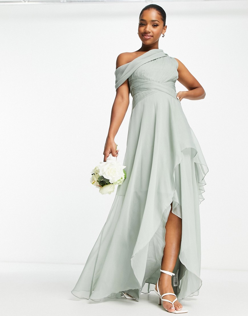 ASOS DESIGN Bridesmaid fallen shoulder drape maxi dress with layered wrap skirt in olive-Green