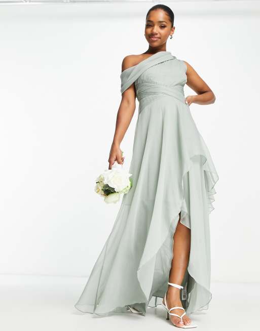 ASOS DESIGN Bridesmaid fallen shoulder drape maxi dress with layered wrap  skirt in olive