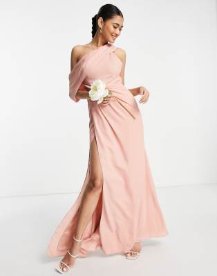 Asos Design Bridesmaid Fallen Shoulder Maxi Dress With Pleat Detail Skirt In Rose-pink