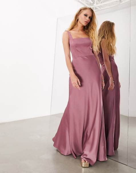 ASOS DESIGN Bridesmaid – Fioletowa, satynowa sukienka maxi z dekoltem karo - view 1