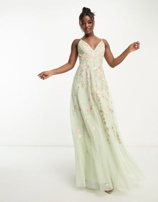 ASOS DESIGN  Bridesmaid floral embroidered cami maxi dress with embellishment in sage green