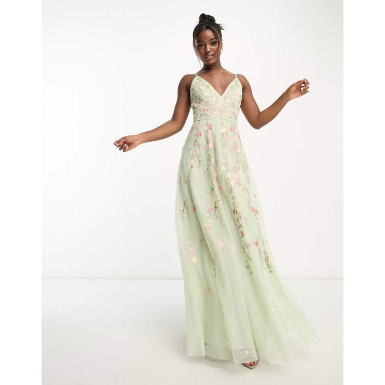 ASOS DESIGN Bridesmaid floral embroidered cami maxi dress with  embellishment in sage green