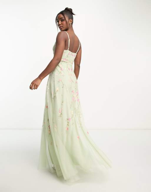 ASOS DESIGN Bridesmaid floral embroidered cami maxi dress with embellishment in sage green