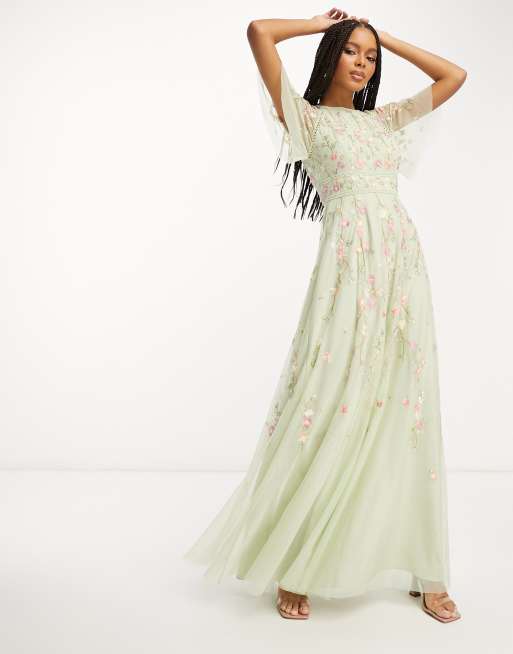 Asos edition wedding floral embroidered dobby mesh hot sale flutter sleeve maxi dress