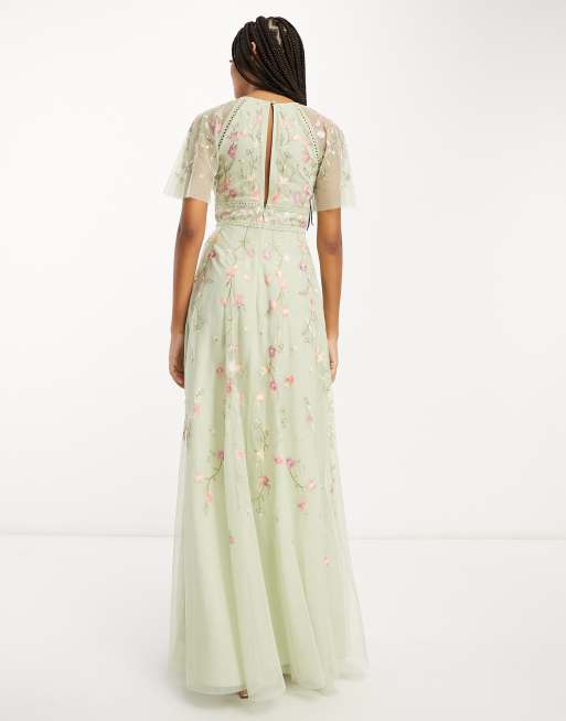 ASOS DESIGN Bridesmaid floral embroidered flutter sleeve maxi dress with embellishment in sage green ASOS