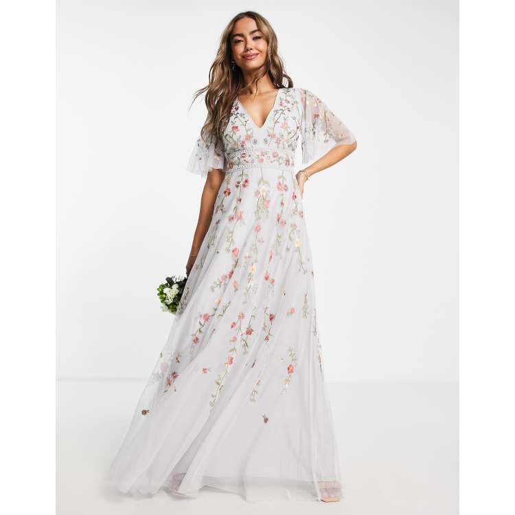 Asos edition embroidered flutter sleeve maxi wedding dress hotsell