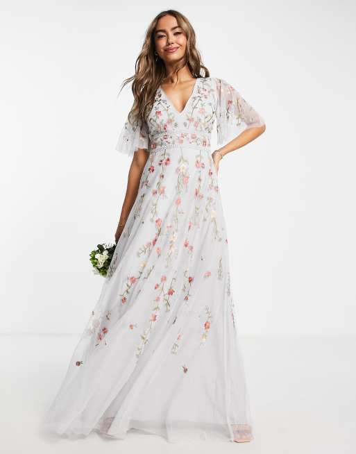 Asos Design Bridesmaid Floral Embroidered Flutter Sleeve Maxi Dress With Embellishment In Soft 7976