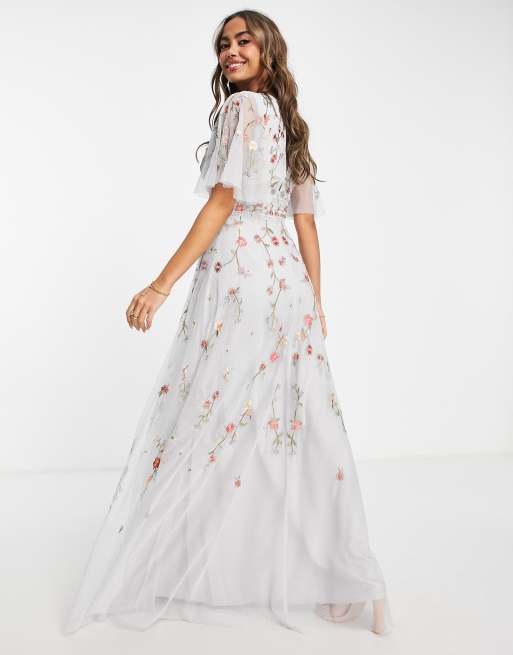 Asos edition wedding floral embroidered shop dobby mesh flutter sleeve maxi dress