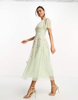 Asos Design Bridesmaid Floral Embroidered Flutter Sleeve Midi