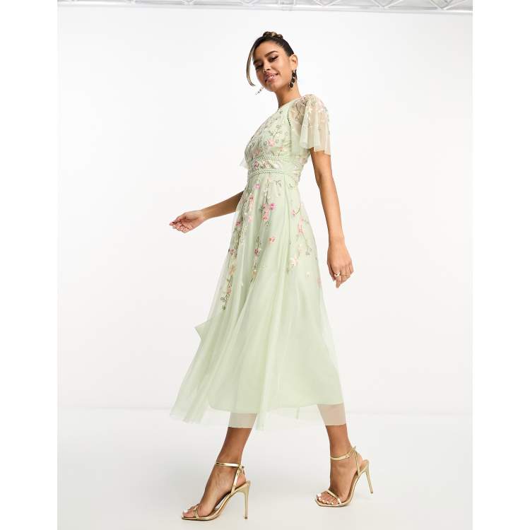 sage green floral dress bridesmaid Zapaka Women Dusty Sage Bridesmaid Dress with Slit A Line Printed Floral Long Wedding Party Dress, Dusty Sage / US16
