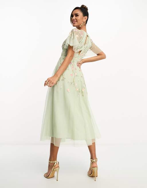 ASOS DESIGN Bridesmaid floral embroidered flutter sleeve midi dress with embellishment in sage green