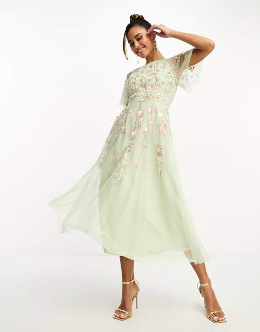 ASOS DESIGN Bridesmaid floral embroidered flutter sleeve midi dress with  embellishment in sage green